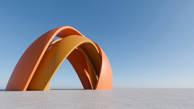 Abstract orange curved architectural sculpture against a clear blue sky for modern design backgrounds and banners