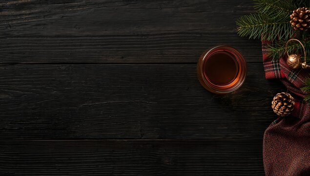 A glass of amber liquid sits on a dark wooden surface, adorned with festive Christmas decorations like pine branches and pinecones