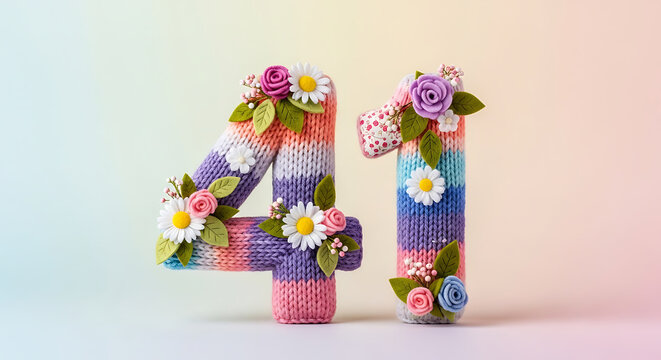 Decorative Knitted Number 41 with Vibrant Rainbow Stripes and Charming Floral Embellishments for Birthdays or Anniversaries