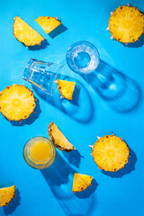 Pineapple pieces and pineapple juice isolated on blue background. Tropical holiday concept. Flat lay, top view © Nymphalyda