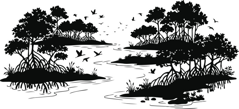 Mangrove forest islands and winding river stream with flying birds vector illustration