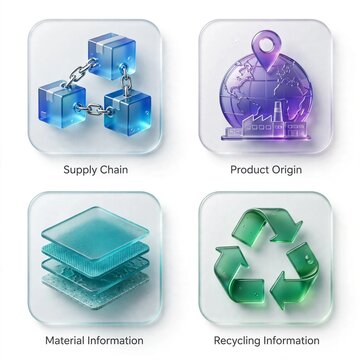 Set of 4 Digital Product Passport Icons - Supply Chain, Product Origin, Material and Recycling Information in 3D Glassmorphism Style
