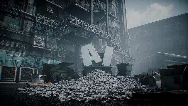 AI letters and piles of US dollars discarded in a garbage bin, symbolizing wasted investment, financial losses and expensive artificial intelligence technology becoming obsolete.