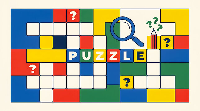 Crossword puzzle grid with magnifying glass and pencil word game for crossword puzzle day
