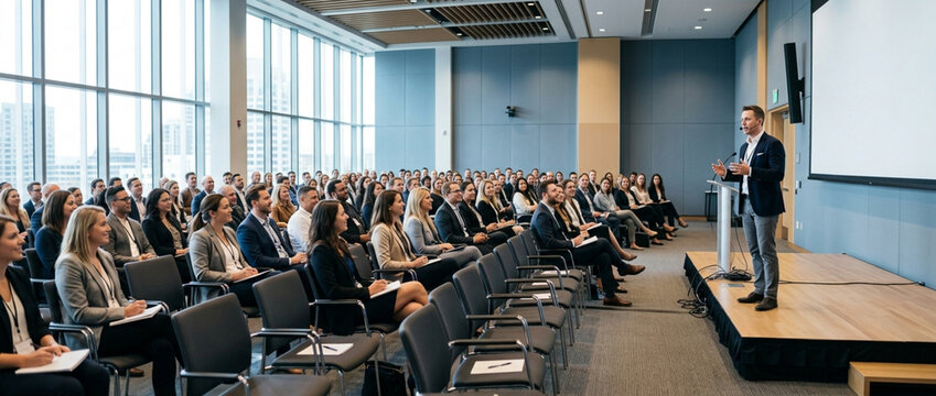 Business conference speaker presenting to large audience in modern seminar hall