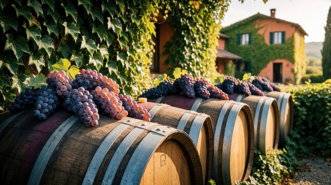 Close up of wooden wine barrels with ripe purple grapes on top. Rows of oak casks sit outside rustic Italian winery estate. Green ivy covers old stone house in vineyard during autumn harvest season