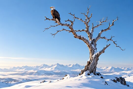 Bald eagle perched on dead tree in winter mountains
