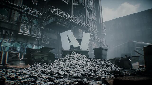 AI letters and piles of US dollars discarded in a garbage bin, symbolizing wasted investment, financial losses and expensive artificial intelligence technology becoming obsolete.