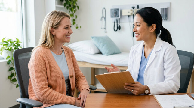 Doctor and patient smiling during medical consultation at clinic
