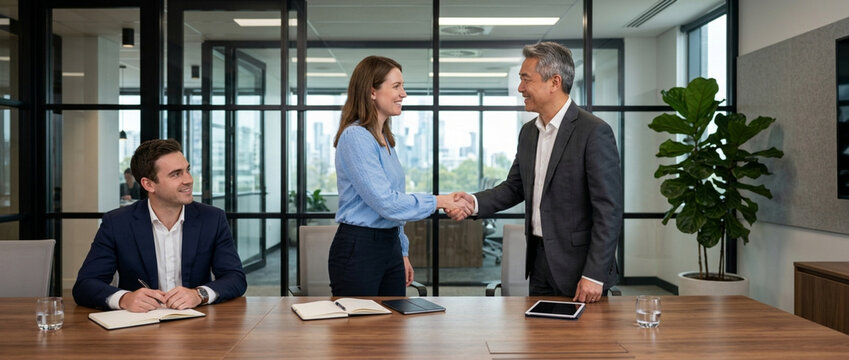 Business handshake agreement in modern office meeting room with colleagues