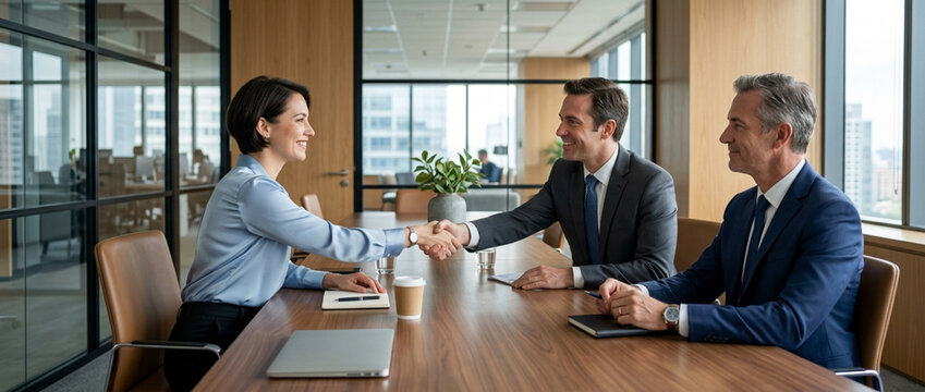 Business handshake agreement in modern office meeting room, partnership success