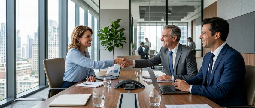 Business handshake agreement in modern office meeting, diverse professionals collaborate
