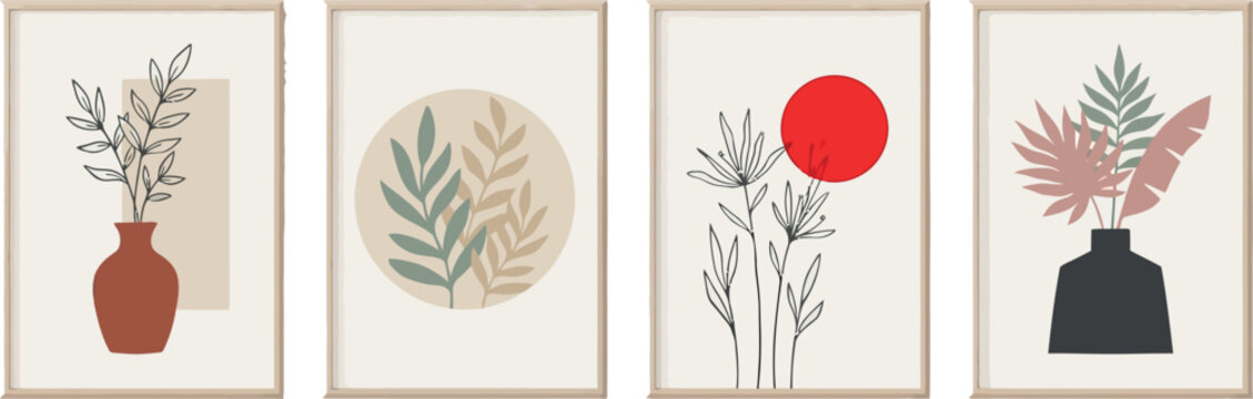 Mid century modern boho wall art print set featuring minimalist line art botanical branches flowers in ceramic vases and abstract sun geometric background elements isolated on white background