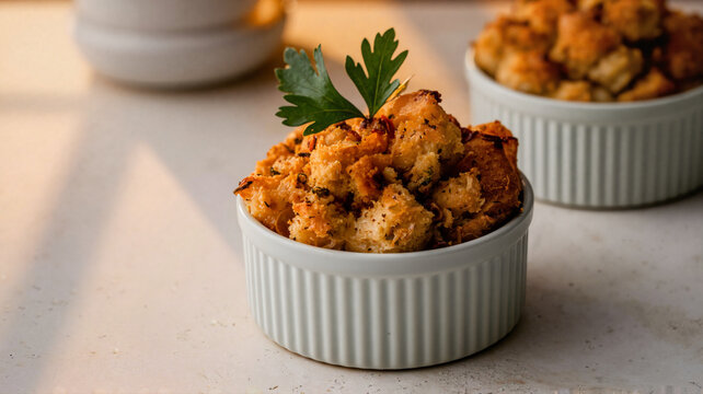 Savory bread stuffing in a ramekin garnished with fresh parsley  