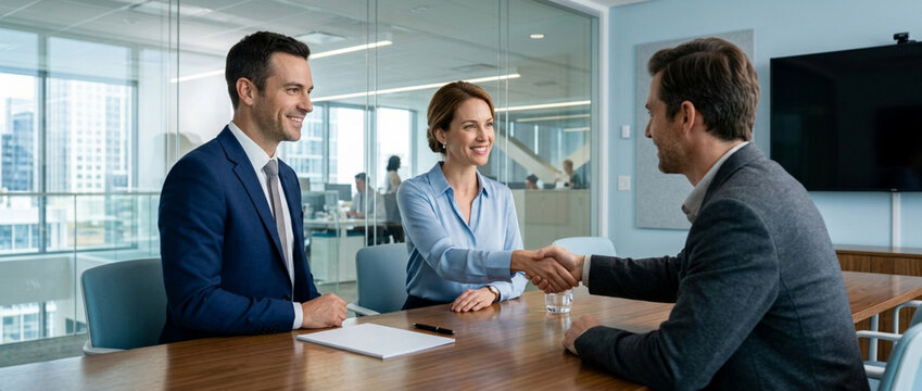 Business handshake agreement in modern office meeting, successful deal.