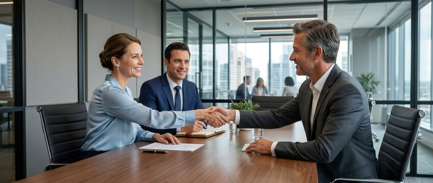 Business handshake: agreement in modern office meeting