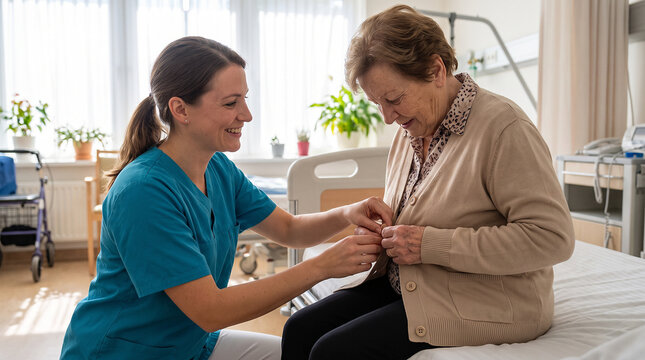 Occupational therapist helping an older woman practise buttoning her cardigan during stroke rehabilitation