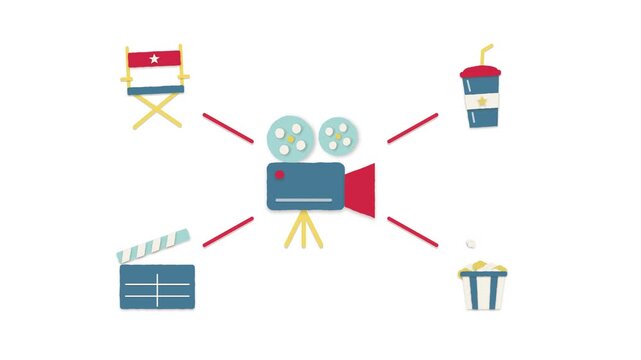 Filmmaking and cinema diagram paper cut animation white background