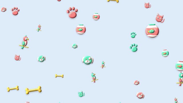 Floating pet icons 3d clay animation on pastel blue background loop