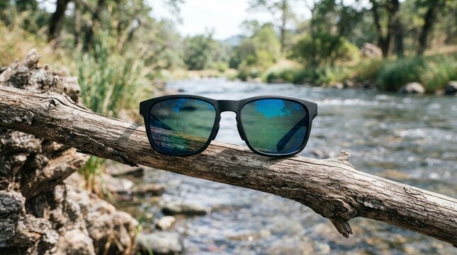 Black sunglasses with reflective blue lenses resting on a wooden log, mountain stream background.