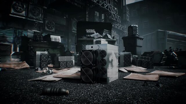 Discarded Bitcoin ASIC Miners Lying in Landfill, Cryptocurrency Mining Equipment Thrown Away as Electronic Waste.