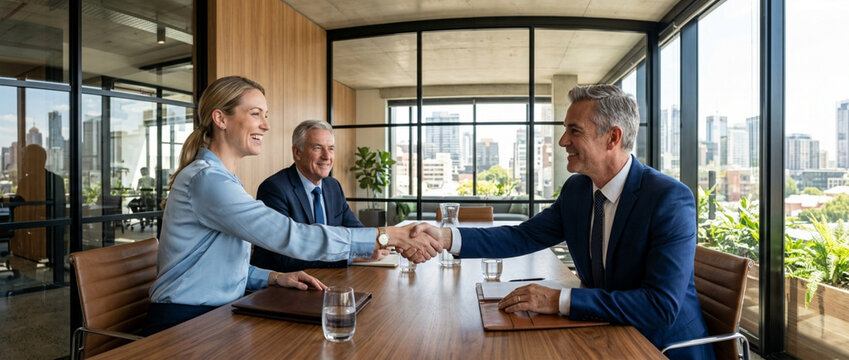 Business handshake agreement in modern office with city view