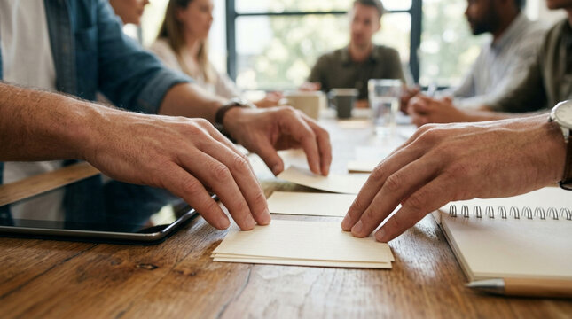 Team Collaboration Around a Table, Hands Arranging Cards for Strategy Meeting
