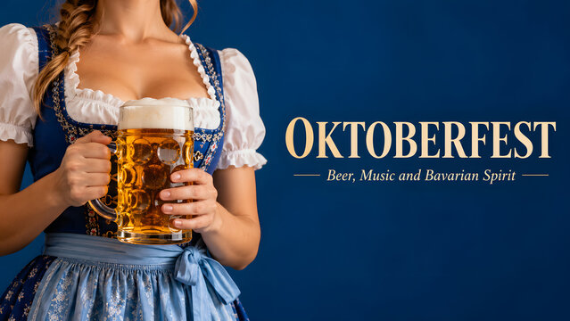 Oktoberfest banner shows a cropped woman in a blue dirndl holding a full glass beer stein. A deep navy backdrop and cream colored lettering provide clean copy space for advertising.