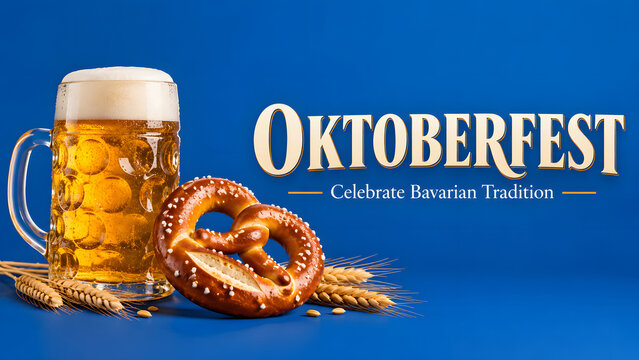 Oktoberfest advertising banner displays a frothy glass beer mug and salted pretzel beside bold cream lettering. The vivid plain blue studio background creates a minimal and clearly readable design.