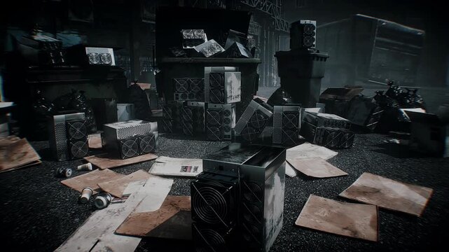 Discarded Bitcoin ASIC Miners Lying in Landfill, Cryptocurrency Mining Equipment Thrown Away as Electronic Waste.