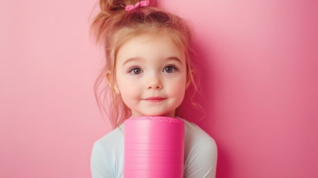 Adorable Toddler Girl Holding Pink Foam Roller Against Pink Background