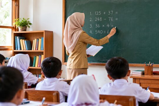 Teacher in hijab teaching mathematics in classroom
