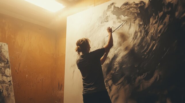 Artist Painting Large Abstract Mural in Cinematic Studio Light