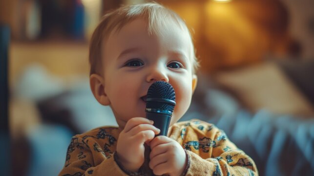 Cute Baby Holding a Small Microphone and Singing