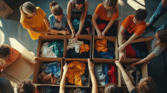 Diverse Volunteers Sorting Donated Clothes into Boxes for Charity