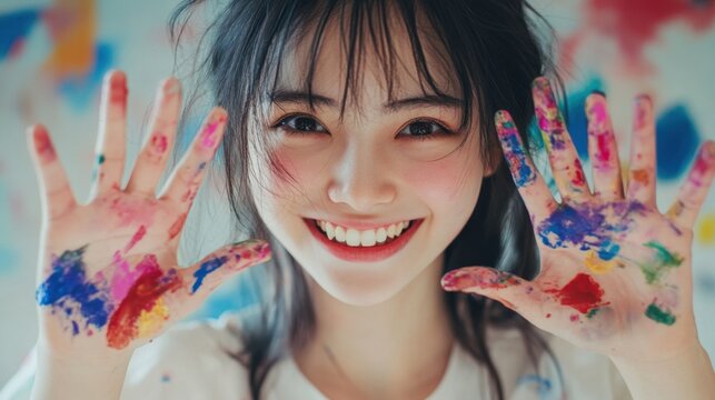Joyful Young Asian Woman Showing Colorful Painted Hands