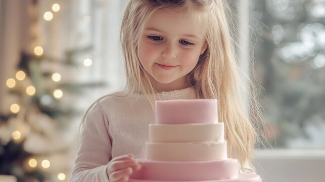 Little girl admiring a pink birthday cake with Christmas lights