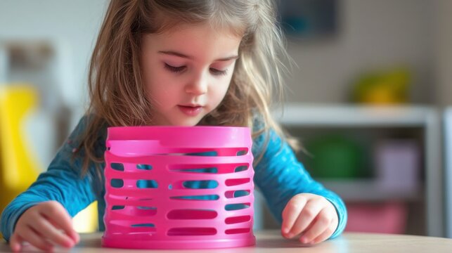 Little Girl Playing with Pink Plastic Container at Home