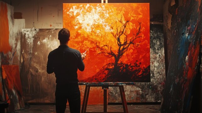 Male Artist Painting Abstract Red Sunset Landscape in Studio