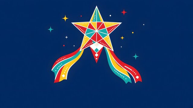 Flat minimal illustration of a colorful Filipino parol Christmas star lantern on navy blue background for greeting card