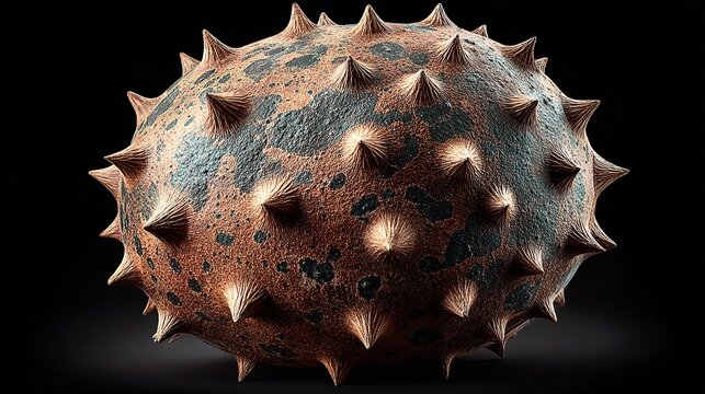 Moody still life of horned melon on pure black background, high contrast with bright orange yellow mottled skin, conical spikes catching light for volume, 
