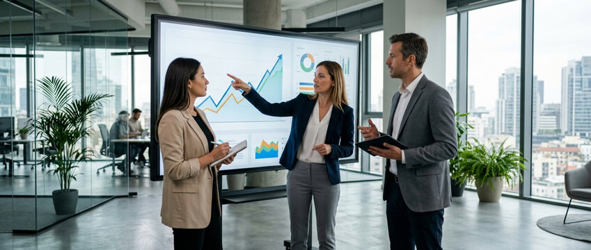 Team discussing business growth chart on large screen in modern office