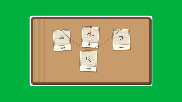 Detective Evidence Board Animation with Red String Connections, Polaroid Photos and Solved Tag on Green Screen