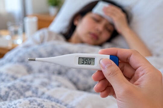Digital thermometer showing high temperature for sick woman in bed