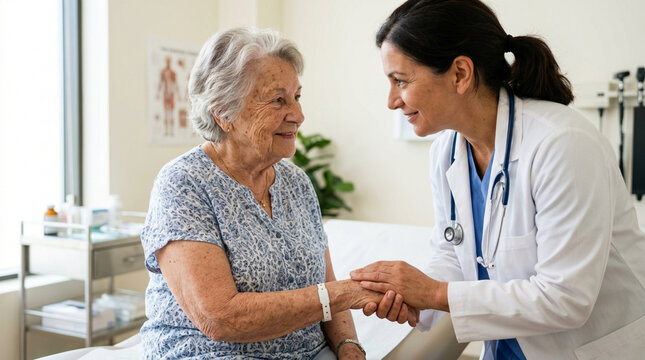 Doctor comforting elderly patient during medical consultation