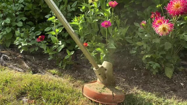 String Trimmer Edging Grass Near Dahlias and Zinnias