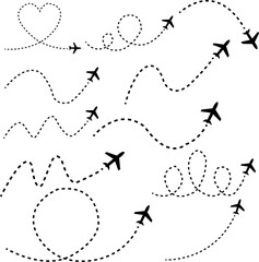 Set of black airplanes with dotted flight paths and travel lines © Kamrun