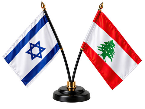 Israel and Lebanon crossed table flags representing diplomatic relations and international business partnership, isolated on transparent background