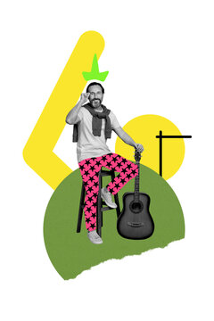 Poster image vertical photo collage of happy man composer play acoustic guitar sti stool music studio celebration event disco