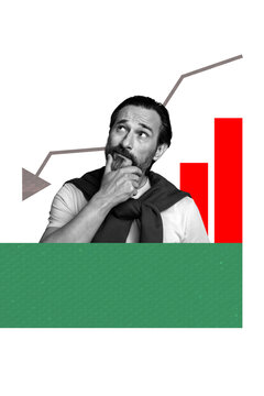 Vertical artwork 3d photo collage of minded man think decision arrow regress statistics inflation economy collapse problem